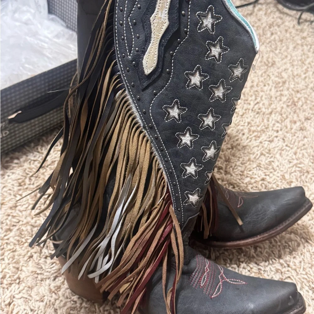 Macie Bean custom Red, white and Blue Western Fringe Star Cowboy Boots - Picture 3 of 5